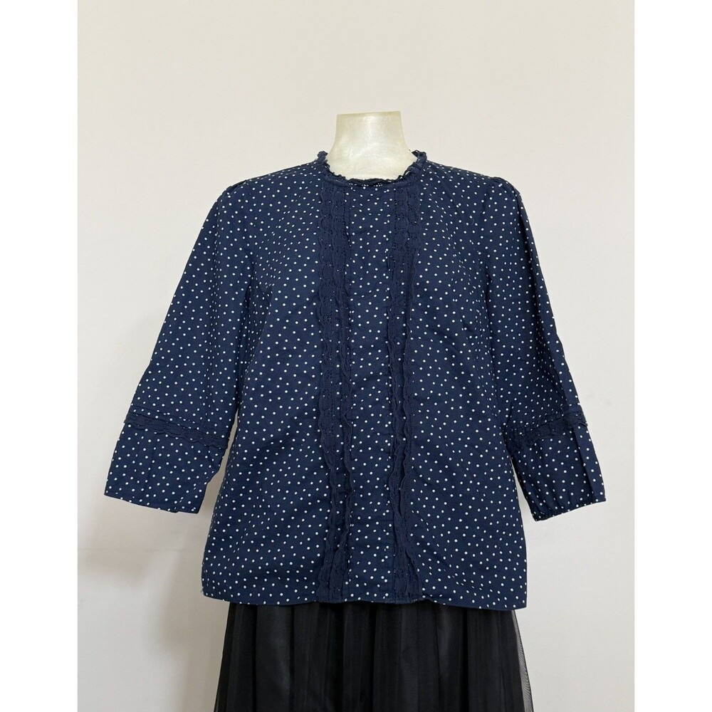Boden Blouse Womens UK 14 US 10 Navy Blue White Polka Dot Lace Trim Cotton Shirt